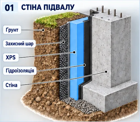 Розріз стіни підвалу: ґрунт, захисний шар, XPS, гідроізоляція, стіна